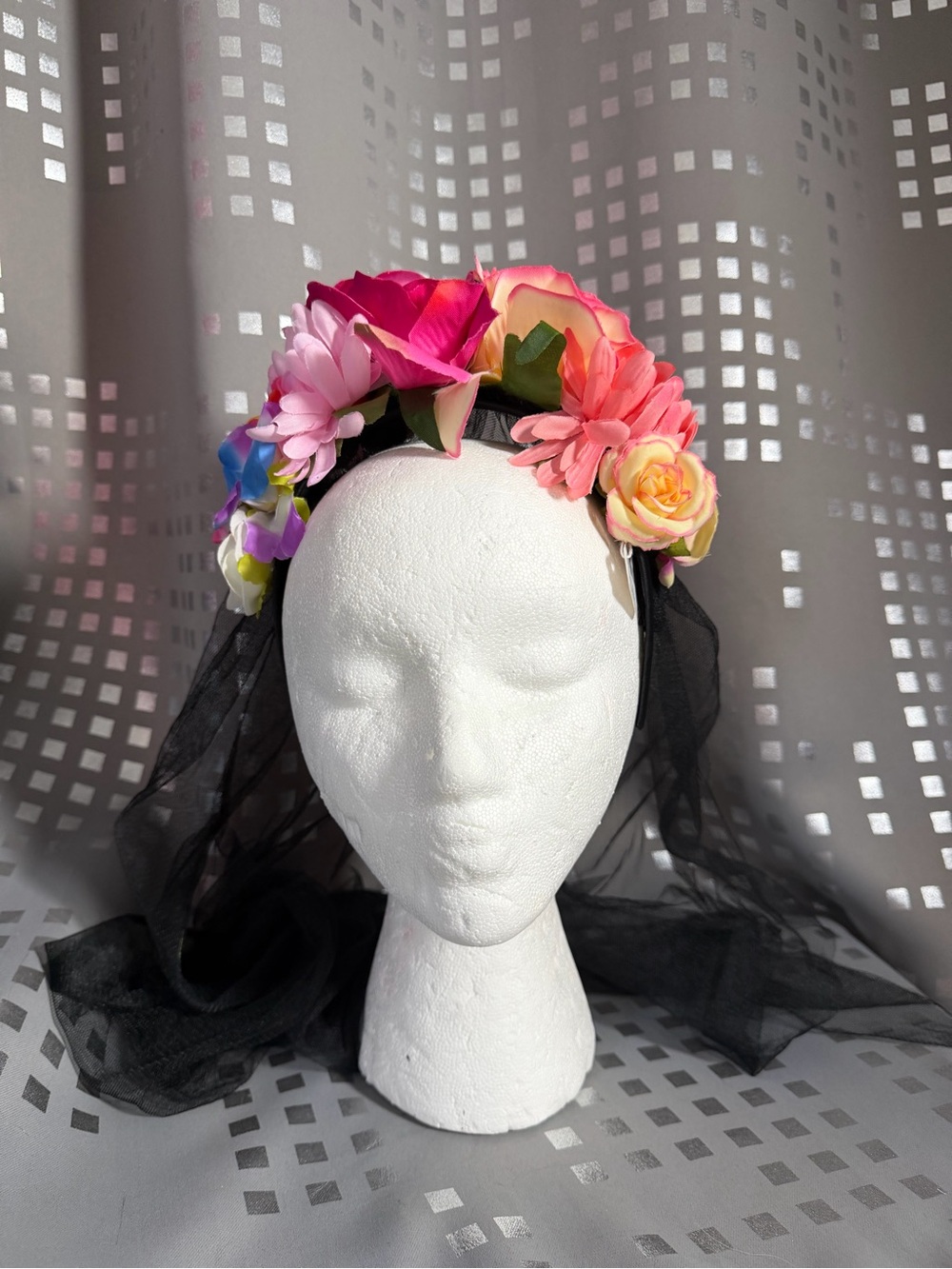 Adult Floral Multicolor Headband with Black Veil